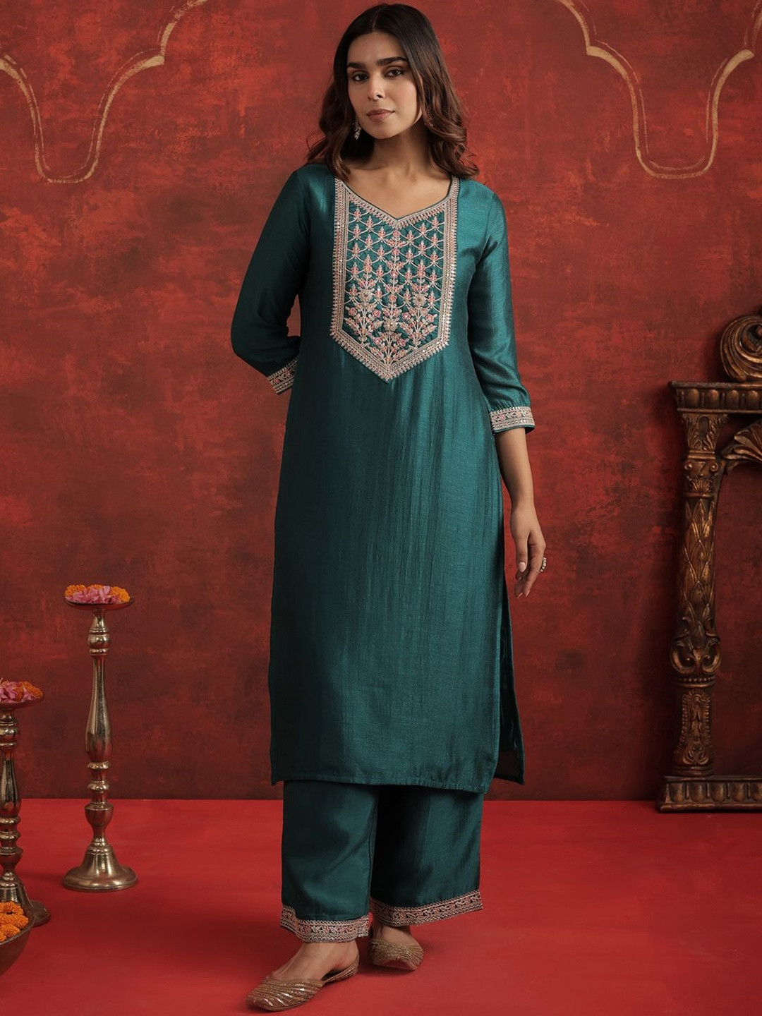 Indo Era Women Ethnic Motifs Embroidered Regular Liva Kurta with Trousers Kurta Sets
