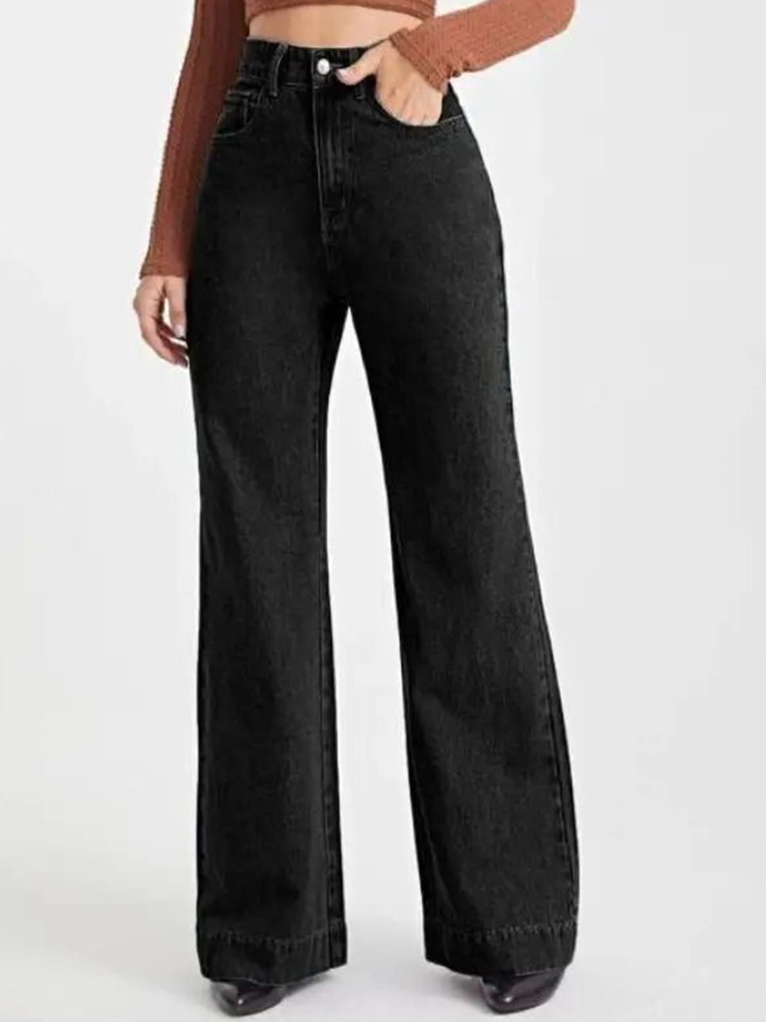 SAKIA Women Solid Jean Streachable High Rise Wide Leg Jeans
