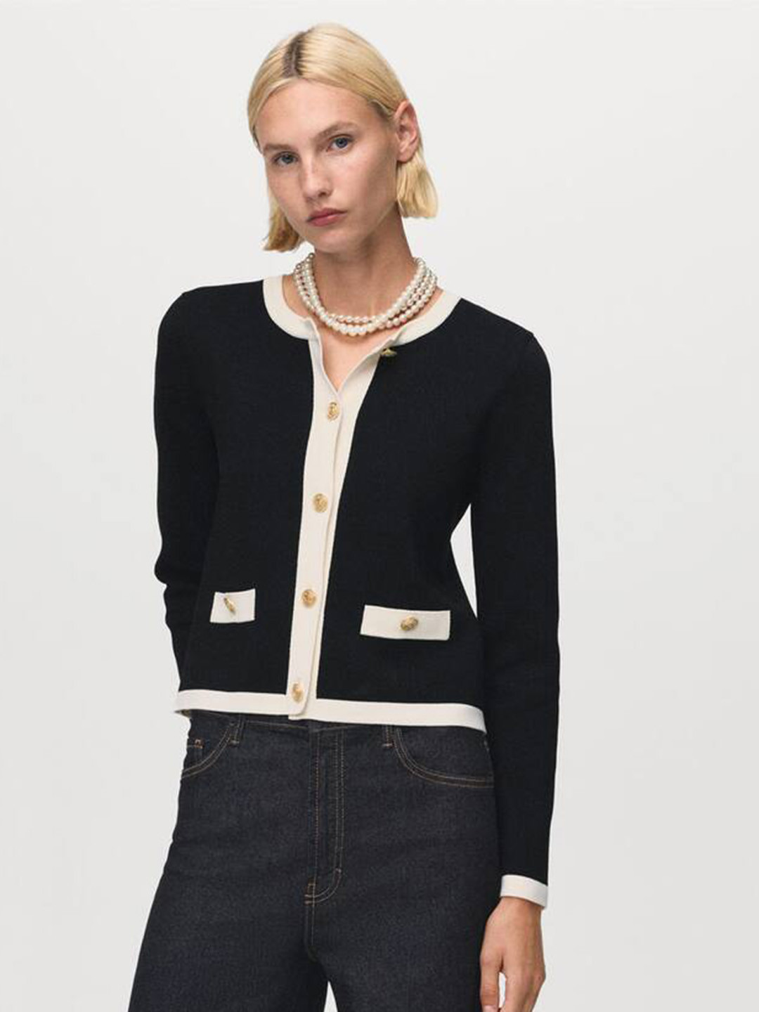 MANGO Contrast Detail Jewel Button Cardigan