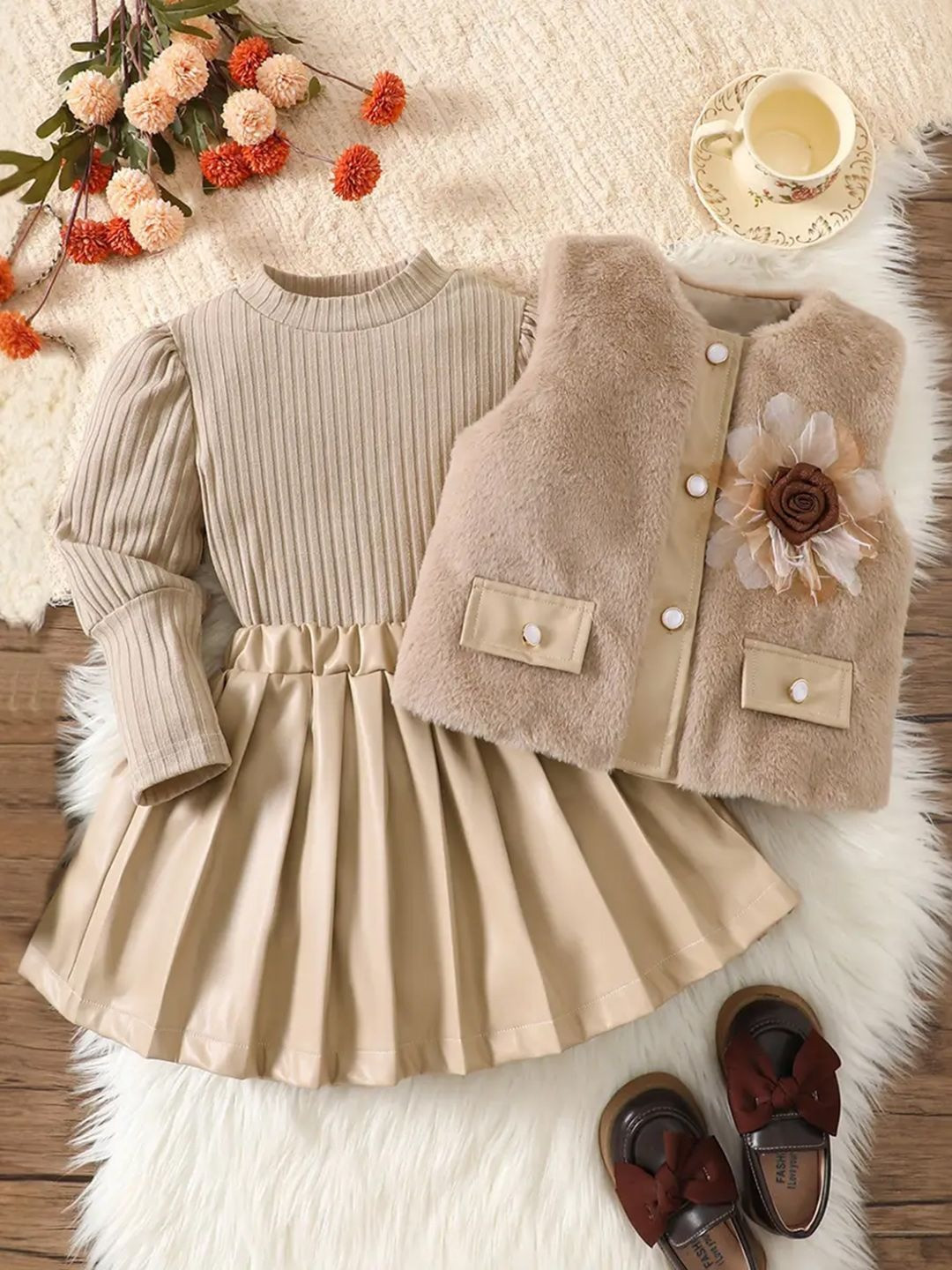 YK Girls Ribbed Long Sleeves Top With Skirt & Vest