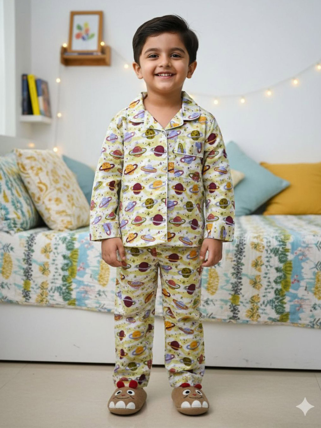 MASU LIVING Kids Planets Printed Shirt Collar Pure Cotton Night suit