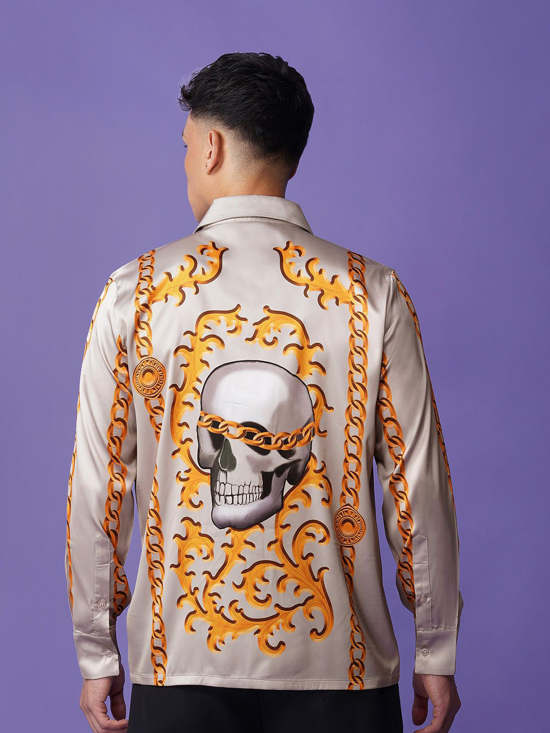 CLUBHAVANA Men Comfort Fit Graphic Printed Chain Reaction Spread Collar Satin Casual Shirt