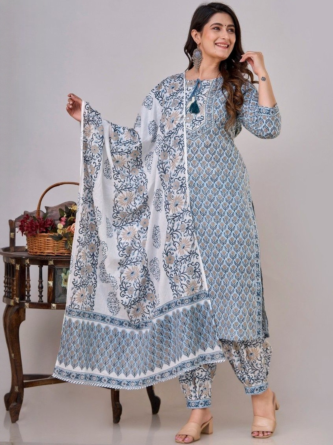 RAISHREE Women Ethnic Motifs Printed Regular Pure Cotton Kurta with Patiala & With Dupatta