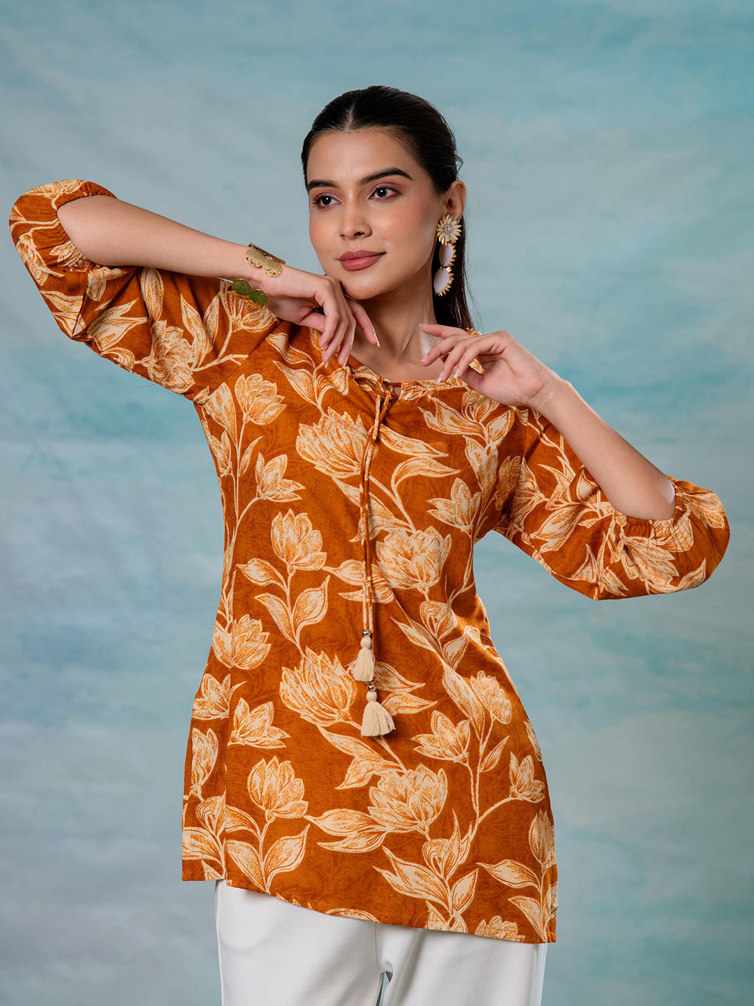 Juniper Floral Printed Round Neck Three-Quarter Sleeves Tunic