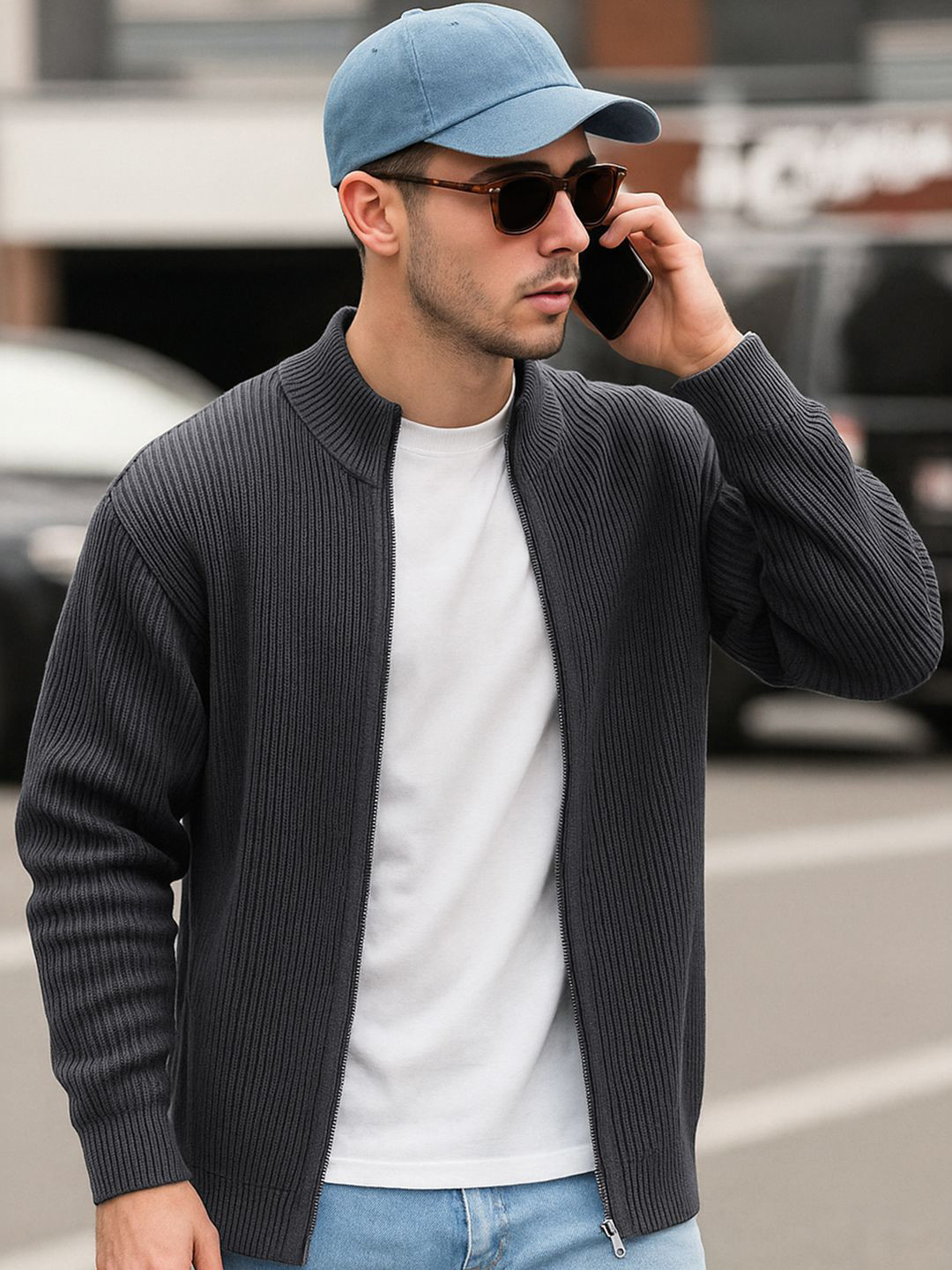 Bewakoof Men's Black Textured Oversized Acid Wash Zipper Sweater