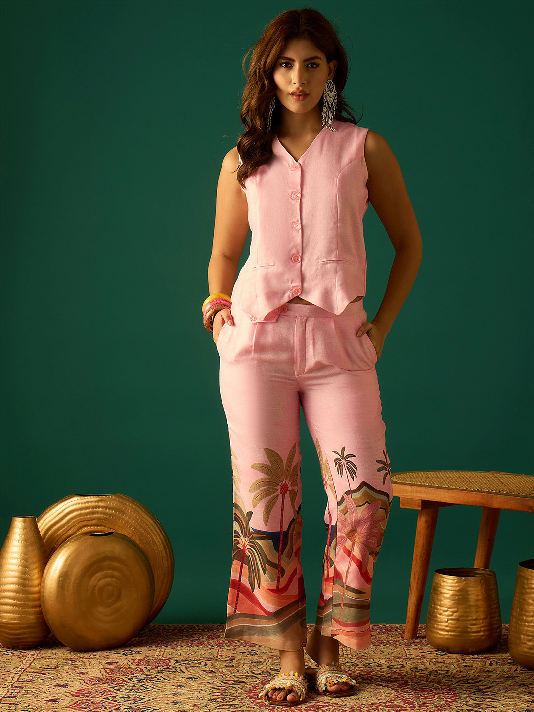 Anouk Pink Floral V-Neck Printed Waistcoat With Trousers