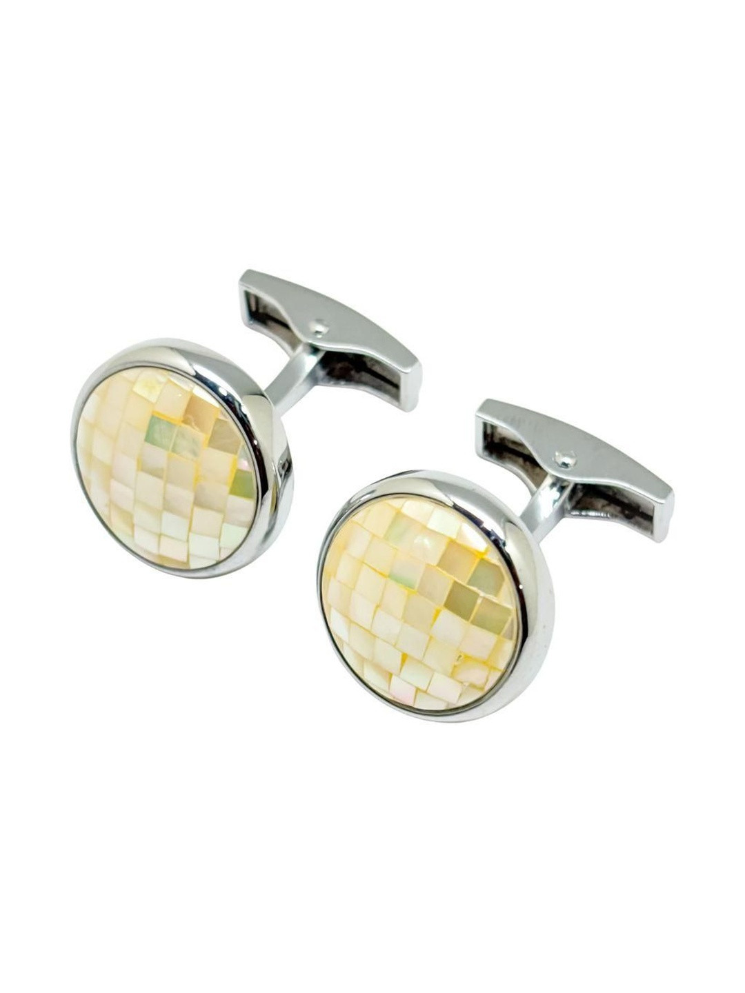 The Tie Hub Silver-Toned Rhodium-Plated Mother Of Pearls Studded Round Cufflinks