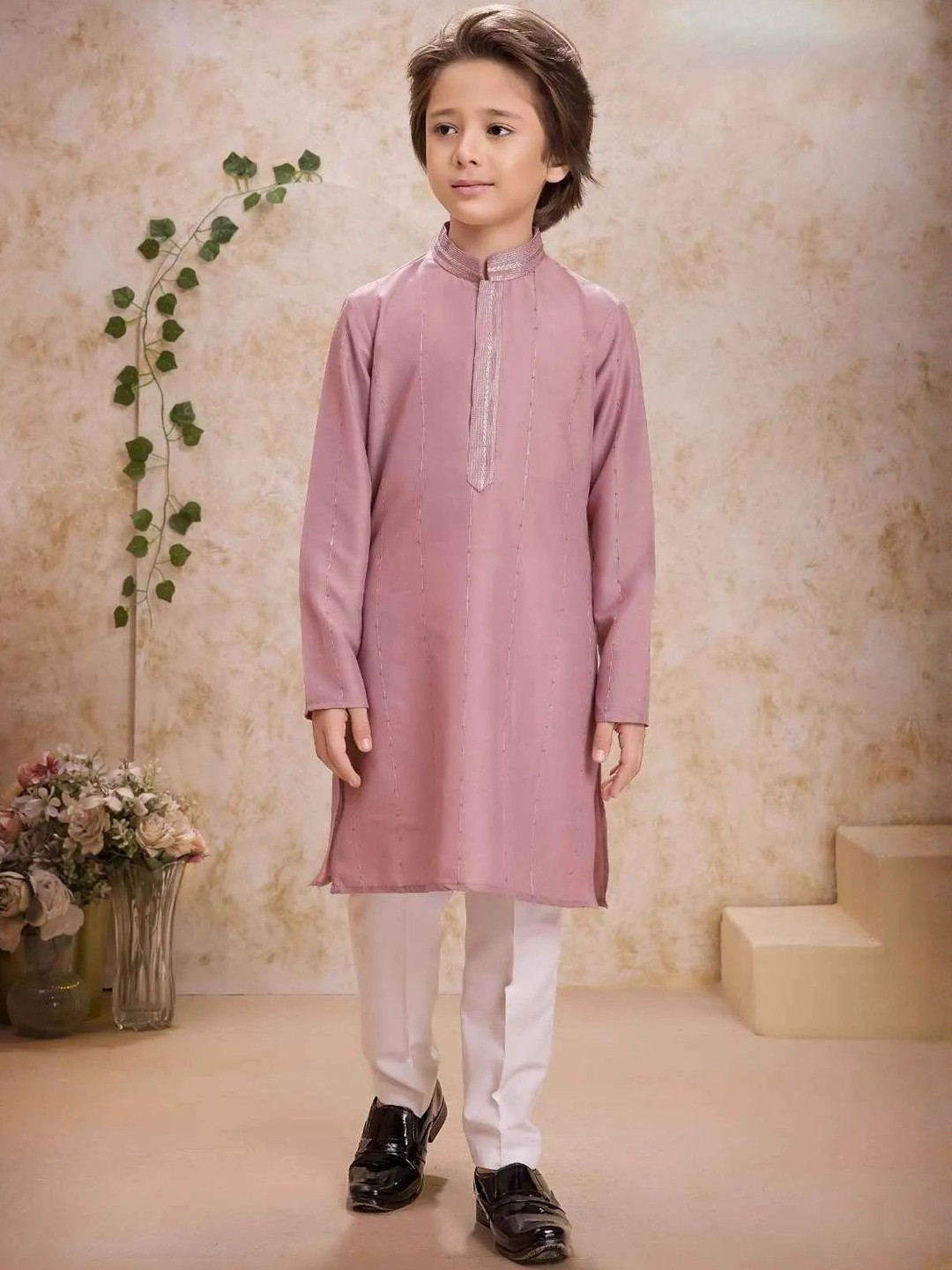 Lagorii Boys Classic Striped Embroidered Mandarin Collar Sequinned Kurta With Pyjama