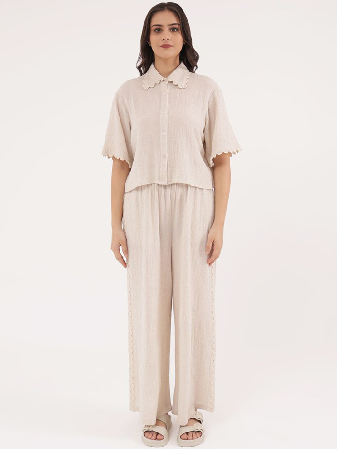 Slumber Jill Shirt Collar Pure Cotton Scalloped Shirt With Palazzo