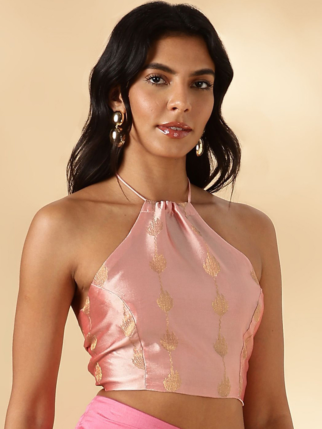 Abhishti Pink Halter Neck Crisscross Back Tie Up Blouse