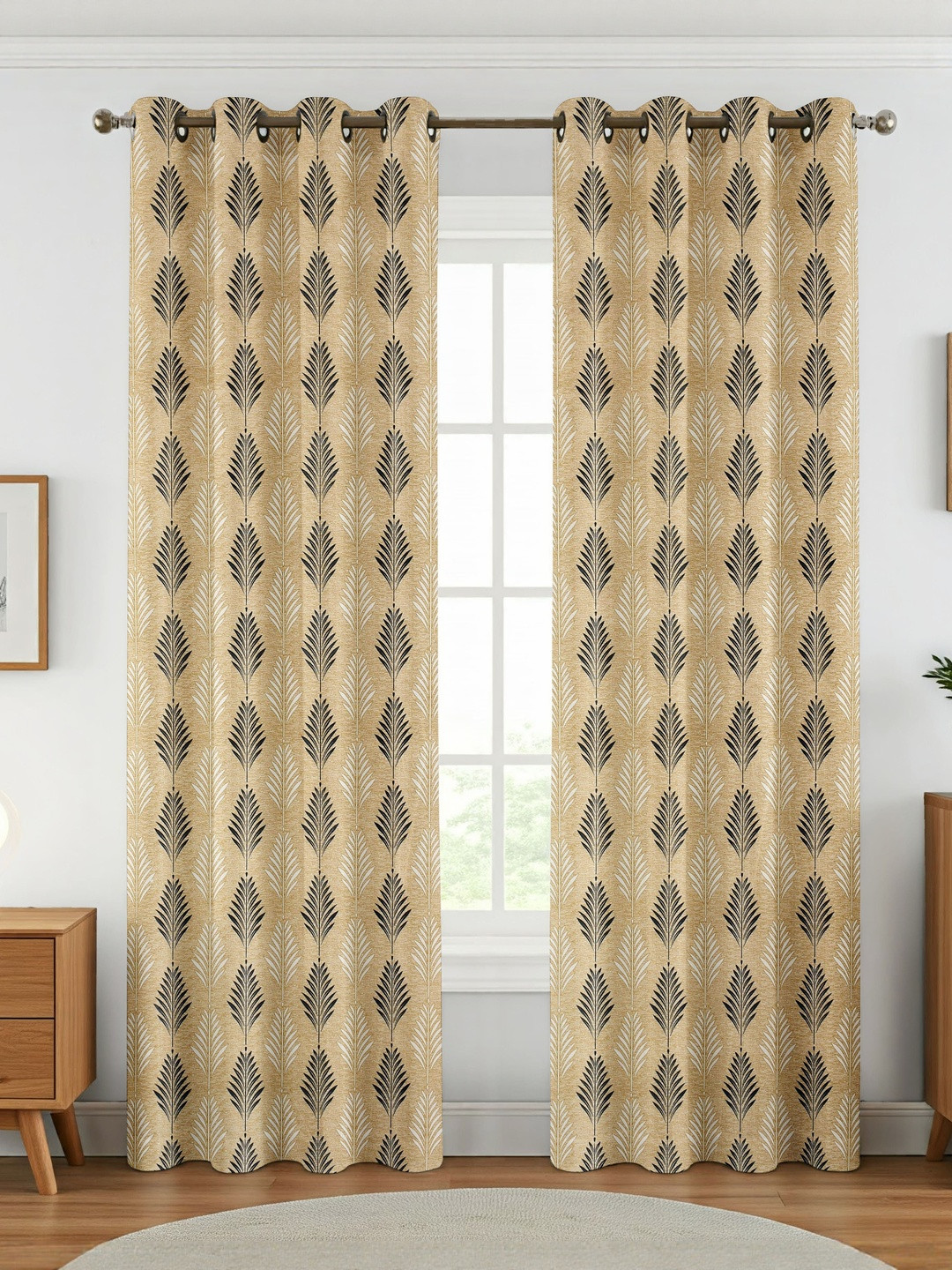 GEET CREATIONS Softy Plume Grey & Beige 2 Pieces Printed Room Darkening Door Curtains