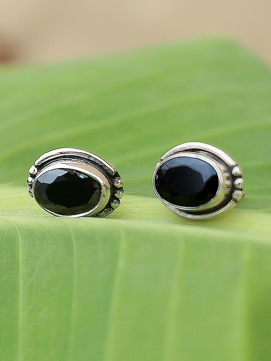 FUSIONARI Sterling Silver Blue Onyx Studded & Pearls Beaded Floral Studs