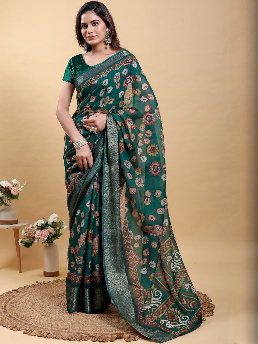 Suraj pari singh Floral Woven Design Jacquard Pure Linen Saree