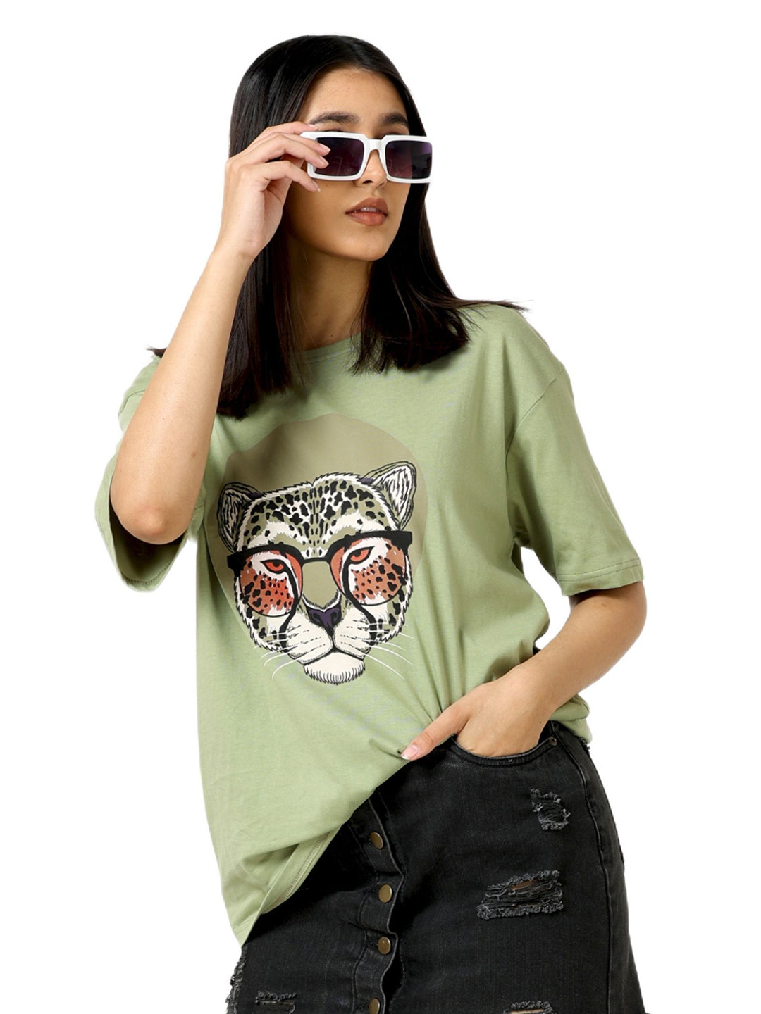 albatross Women Animal Printed Round Neck Cotton Oversized T-shirt