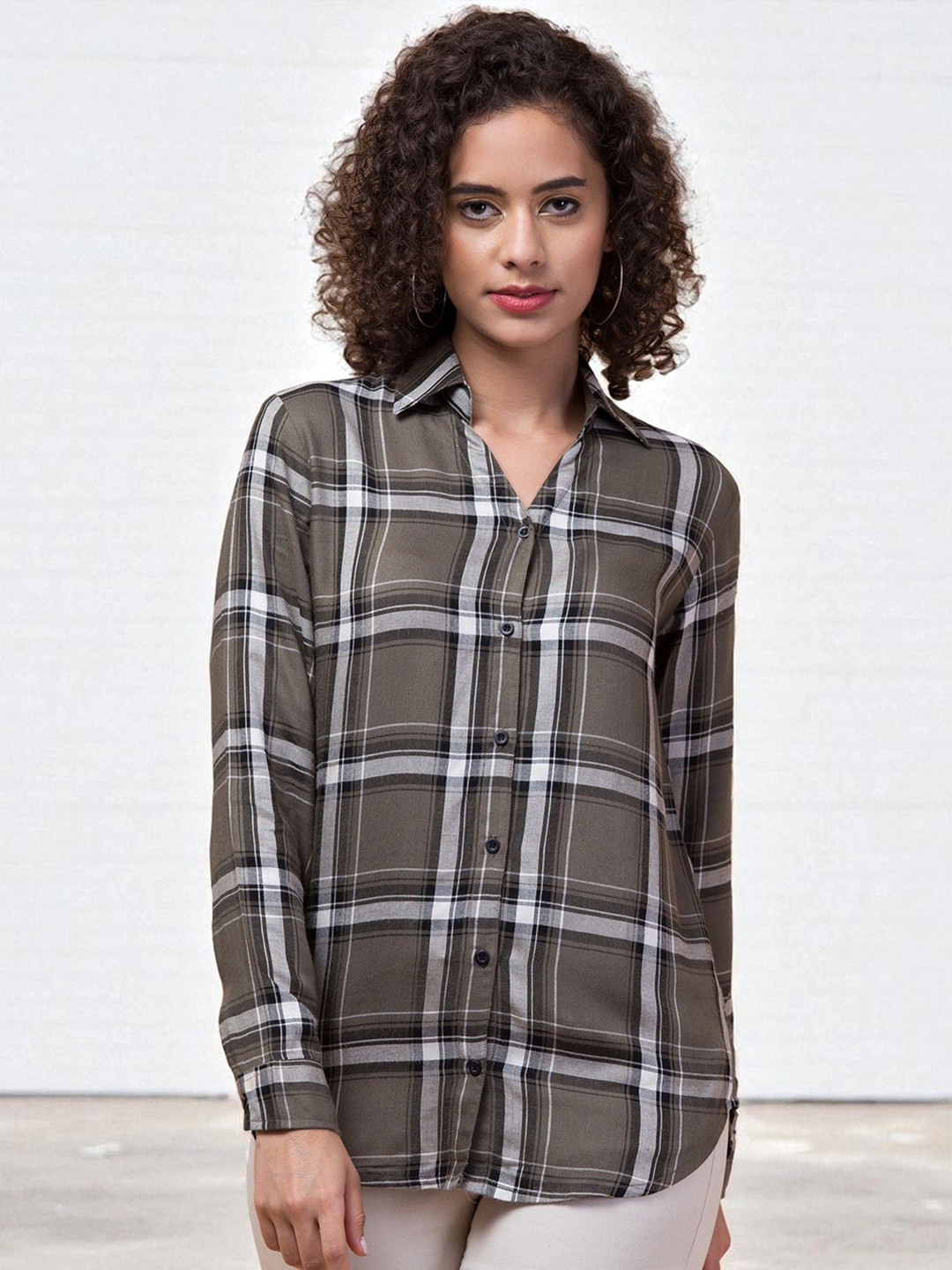 INUKA Women Standard Fit Buffalo Checked Spread Collar Casual Shirt