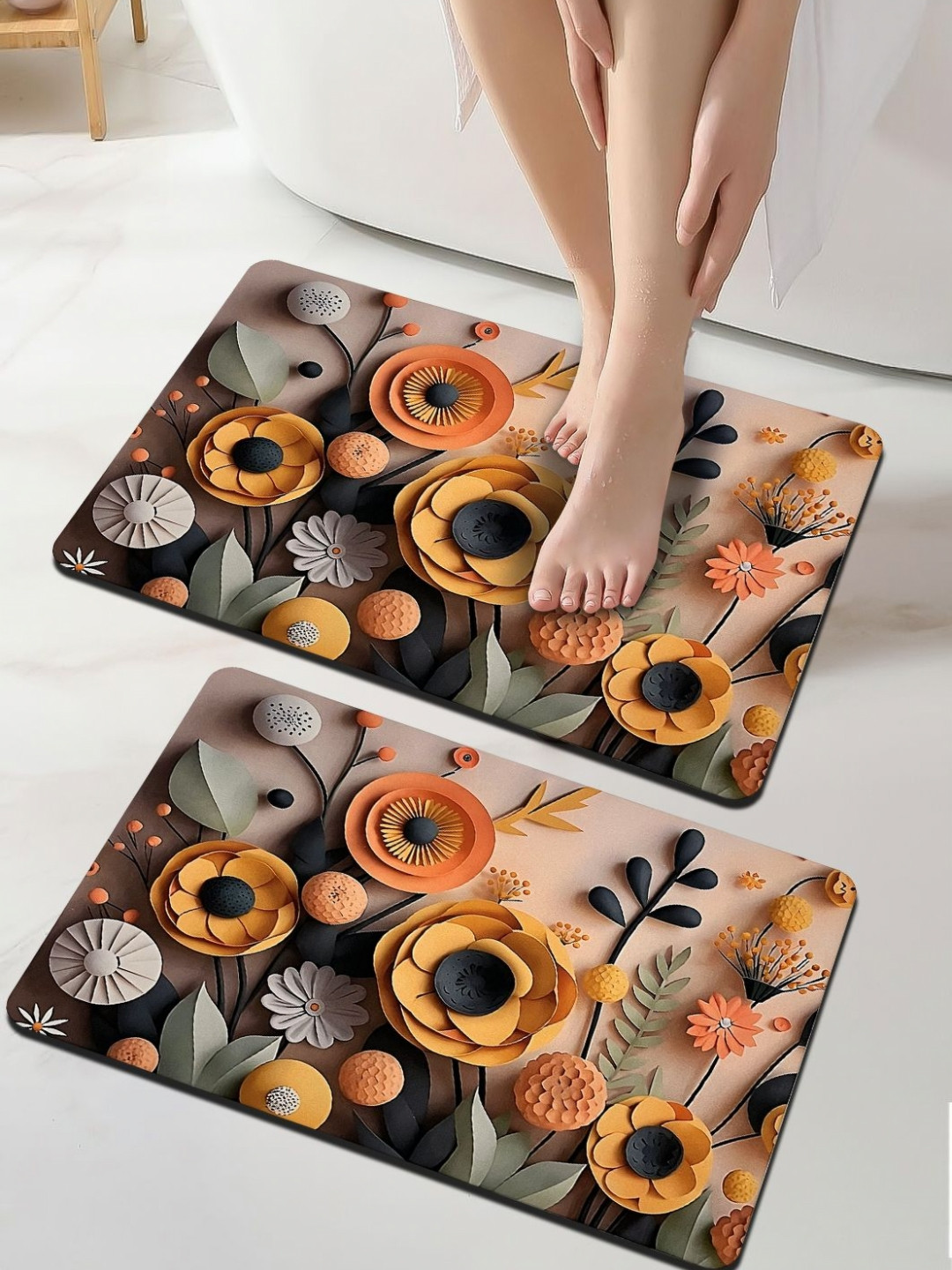 GRISHVA Yellow & Grey 2 Pieces Printed 500 GSM Silicone Anti-Slip Bath Rugs