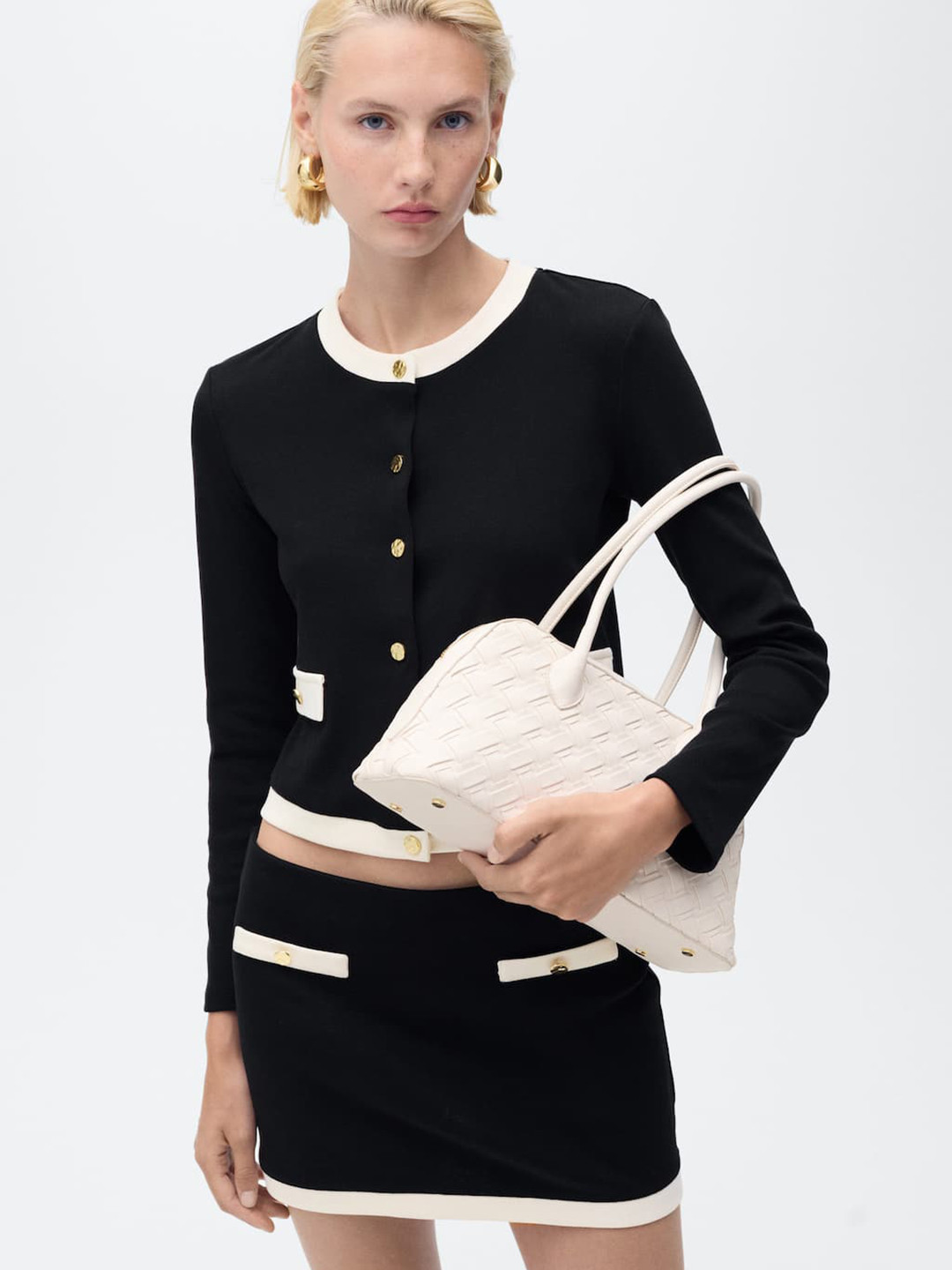 MANGO Contrast Neckline Pocket Flaps Pure Cotton Cardigan