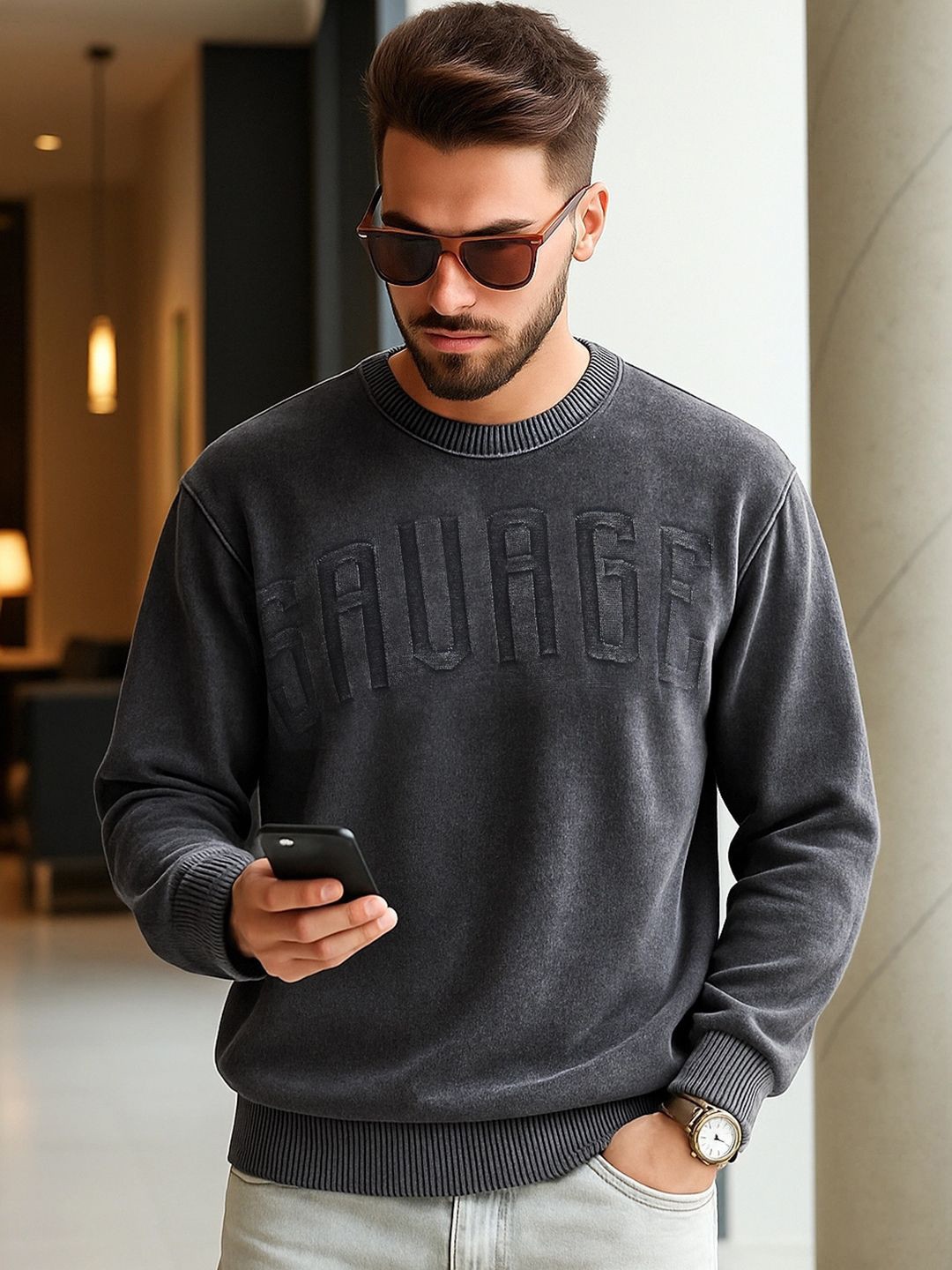 Bewakoof Men's Black Typography Oversized Acid Wash Sweater