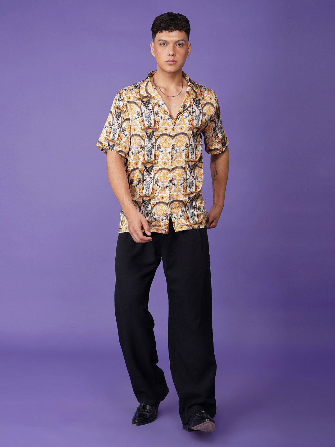 CLUBHAVANA Men Comfort Fit Ethnic Motifs Printed Imperial Vision Cuban Collar Satin Shirt