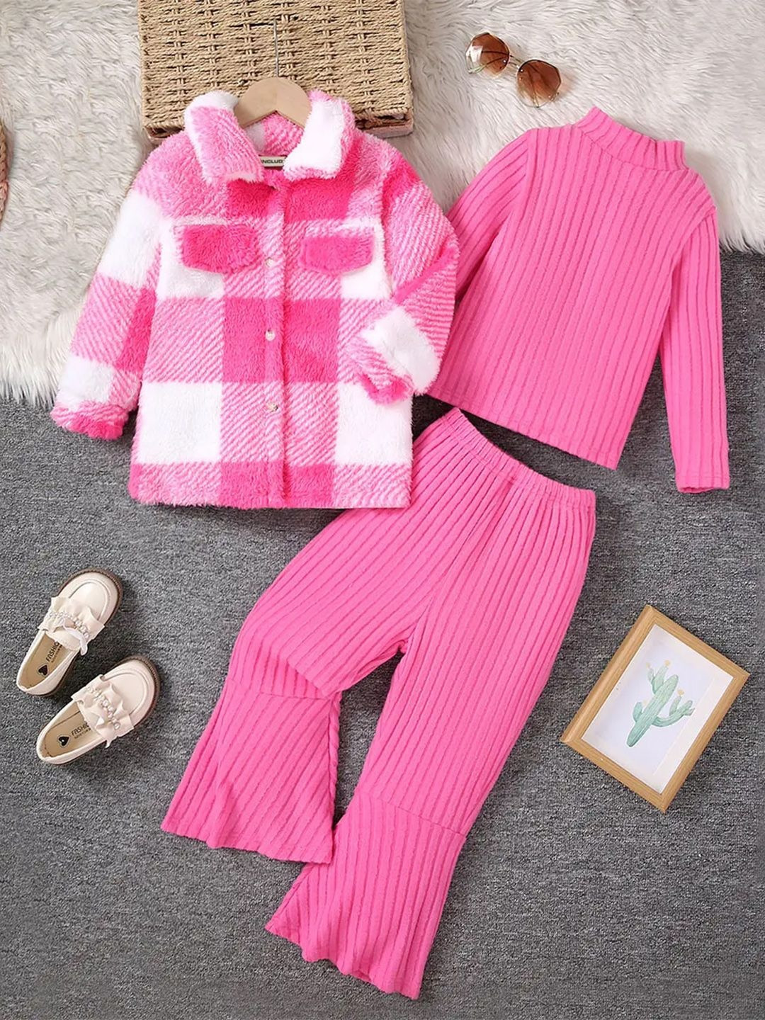 INCLUD Girls Checked Shacket With T-Shirt & Flared Pant