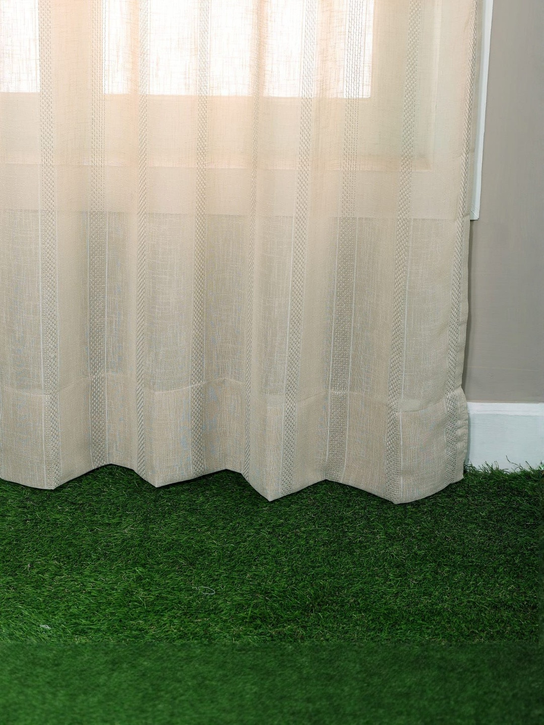 B' Decorlish Cream 2 Pieces Self Design Linen Sheer Eyelet Window Curtains