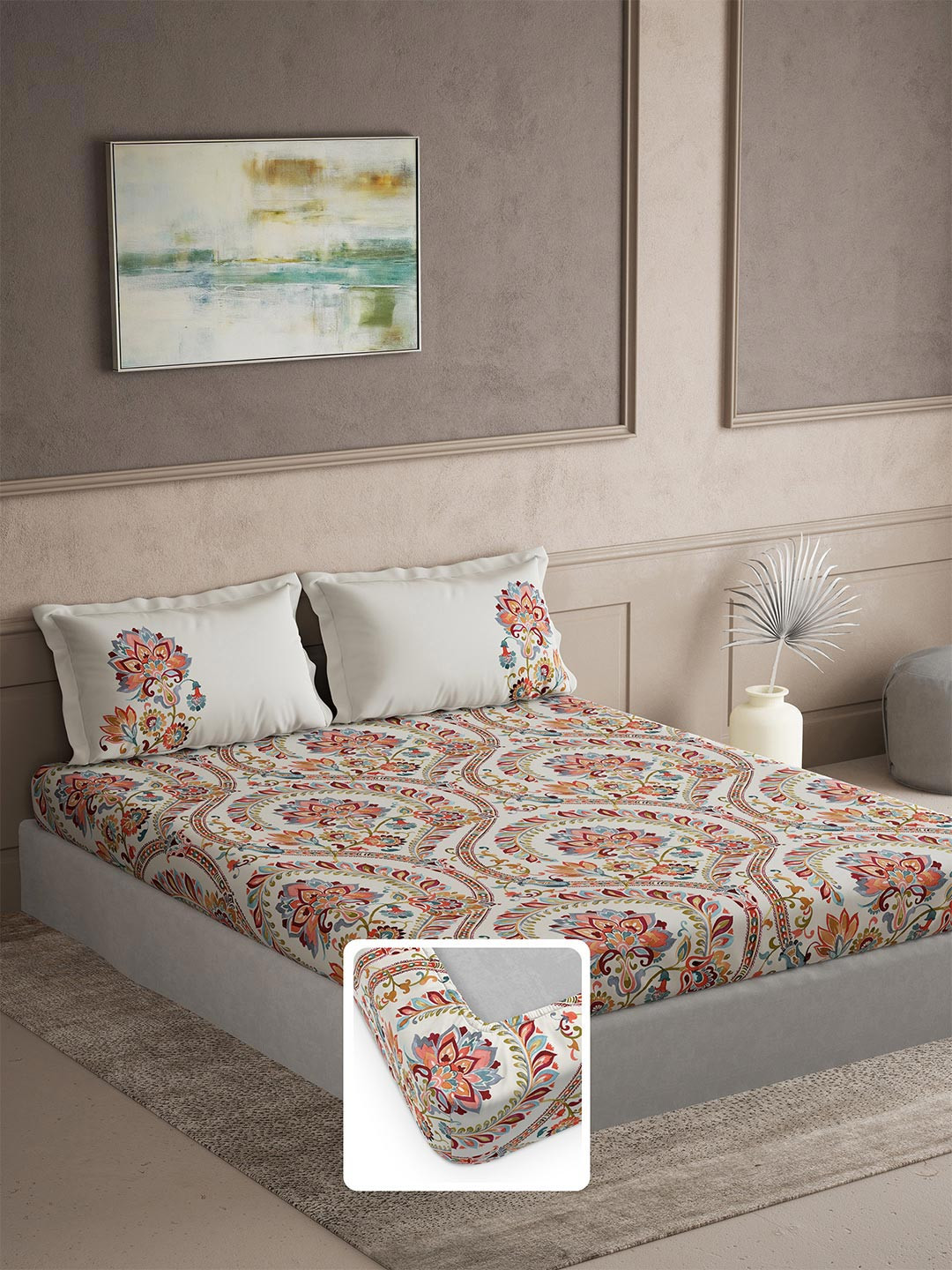 DDecor Primary Ethnic Motifs 144 TC Cotton King Bedsheet with 2 Pillow Covers