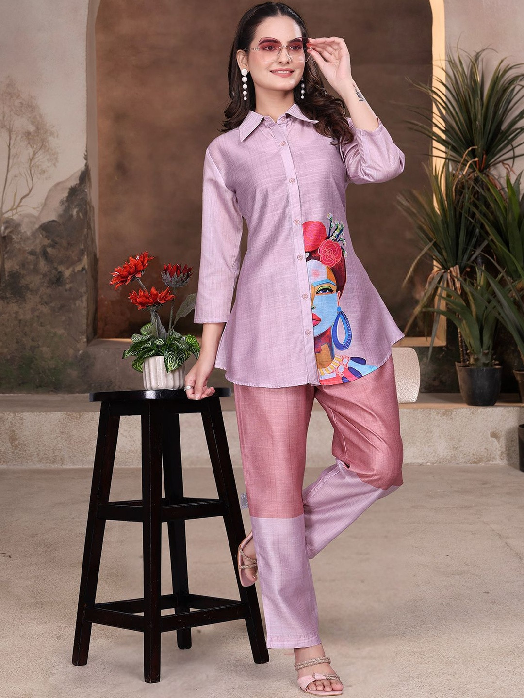 HERE&NOW Women Purple Printed Shirt Collar Silk Crepe Kurta With Trouser