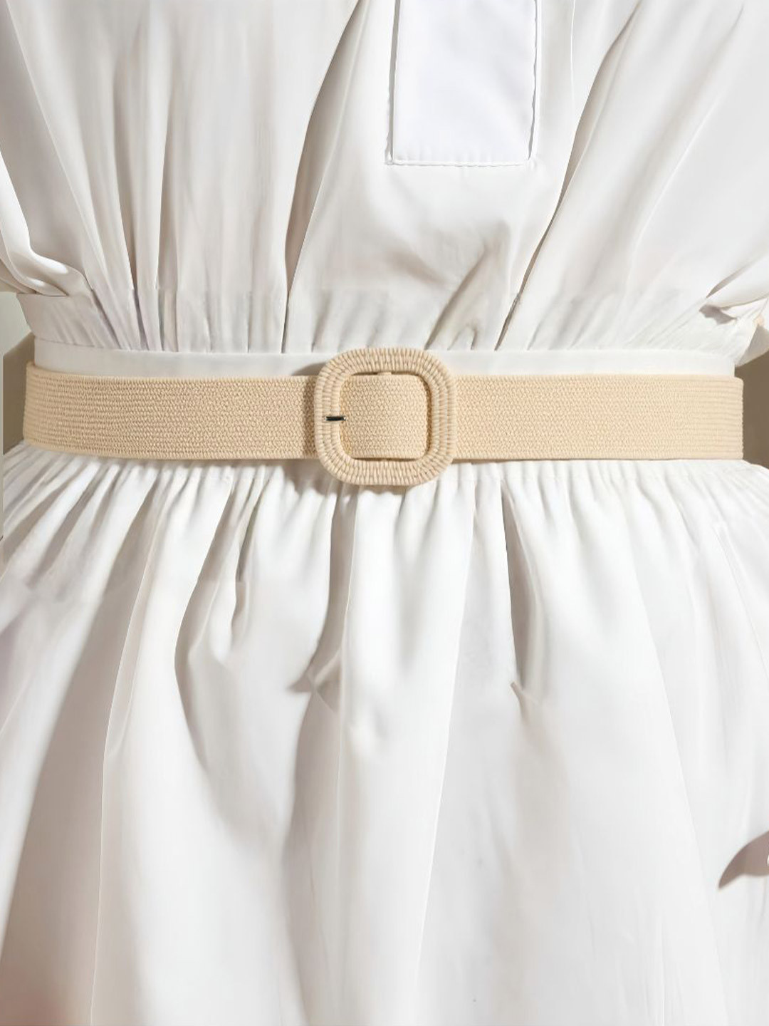 SALTY Women Champagne Woven Straw Textured Belt