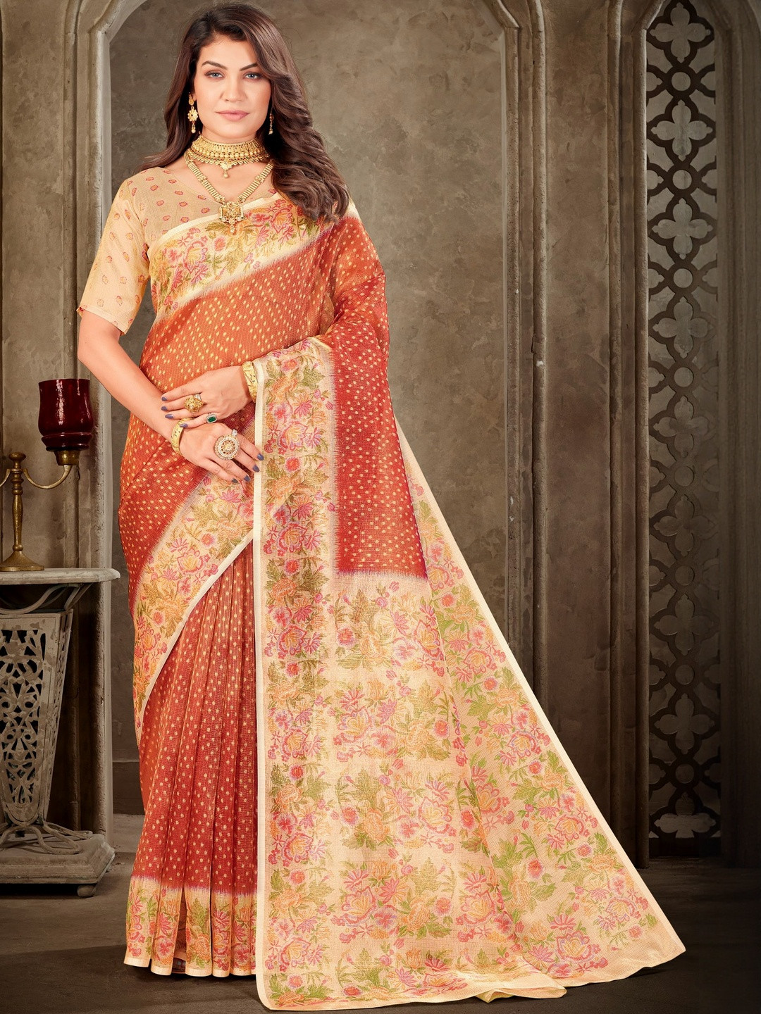 FABLAND Floral Printed Woven Design Border Zari Tissue Kota Saree