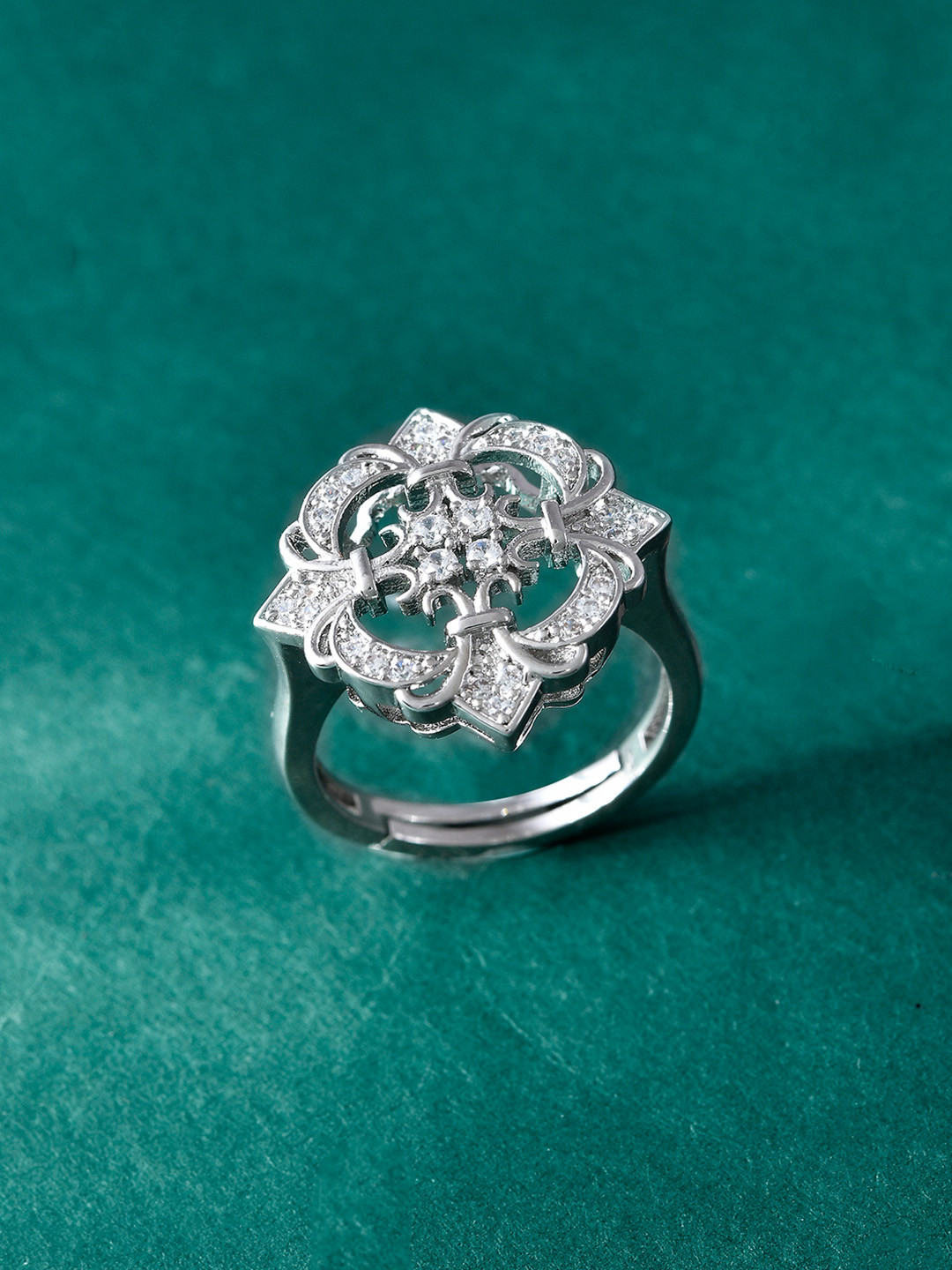 Voylla Rhodium-Plated Elegance Aurora American Diamond Studded Solitaire Finger Ring