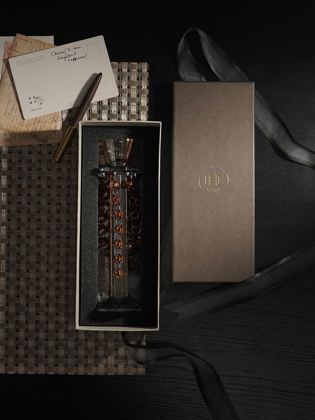 Pure Home and Living Dark Amber Brown Textured Tapered Candle Holder With Hanging Crystals