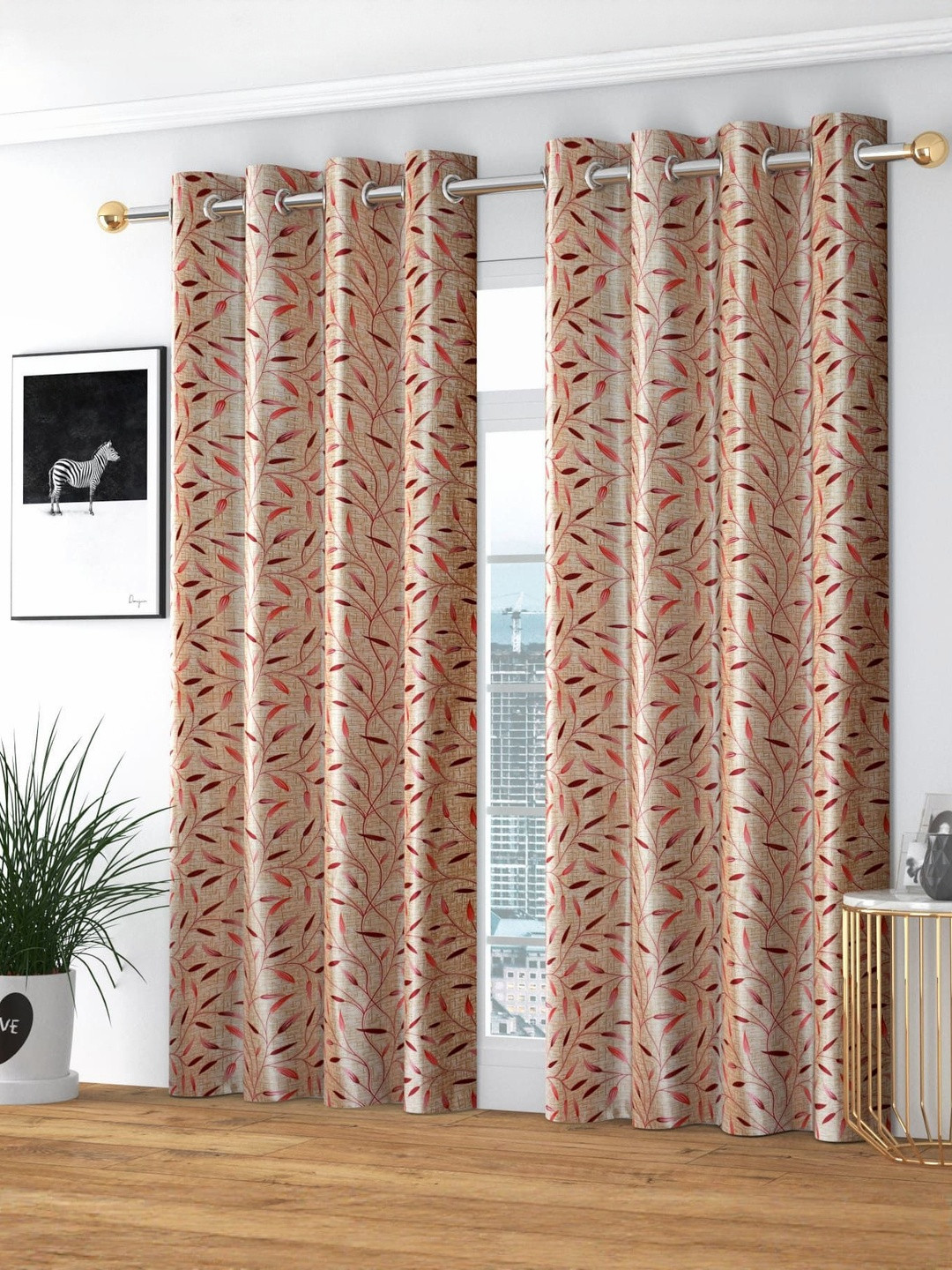 GEET CREATIONS Softy-Mirchi Maroon & Beige 2 Pieces Printed Room Darkening Door Curtains