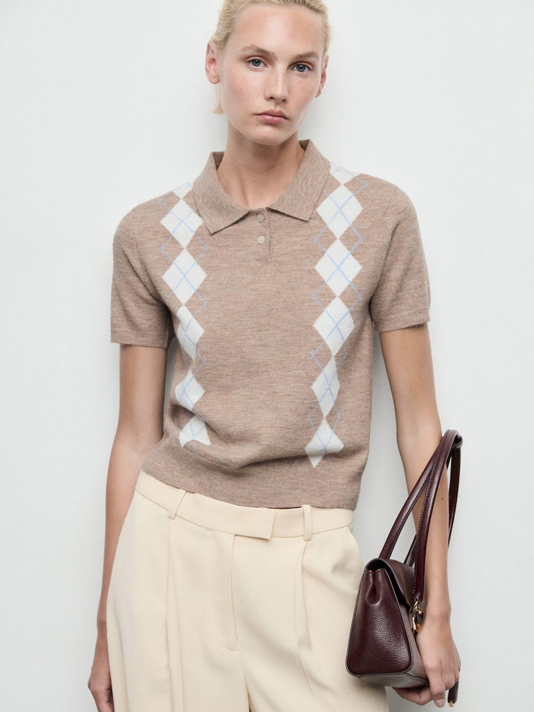 MANGO Argyle Pattern Shirt Collar Pullover