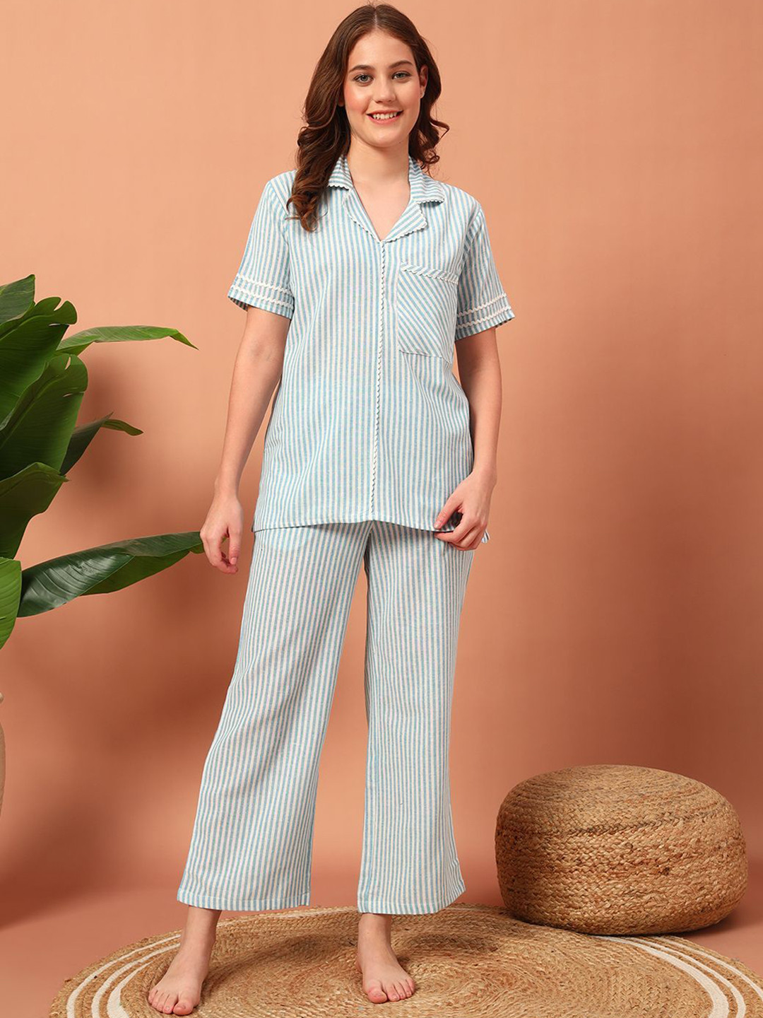 Ameerah Women Striped Lapel Collar Shirt & Pyjama set