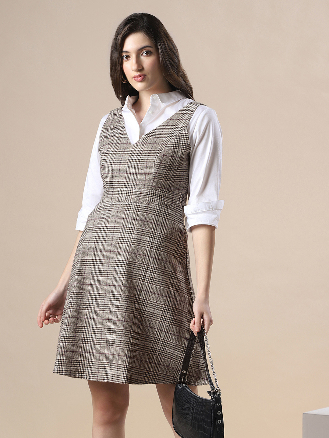 Globus Women Brown Checkered V-Neck Sleeveless Fit & Flare Mini Dress