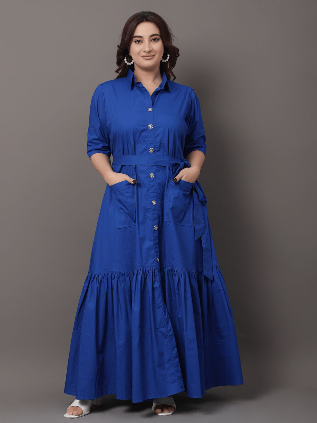STYLLEY Plus Size Cotton Gathered Or Pleated Tiered Shirt Maxi Dress
