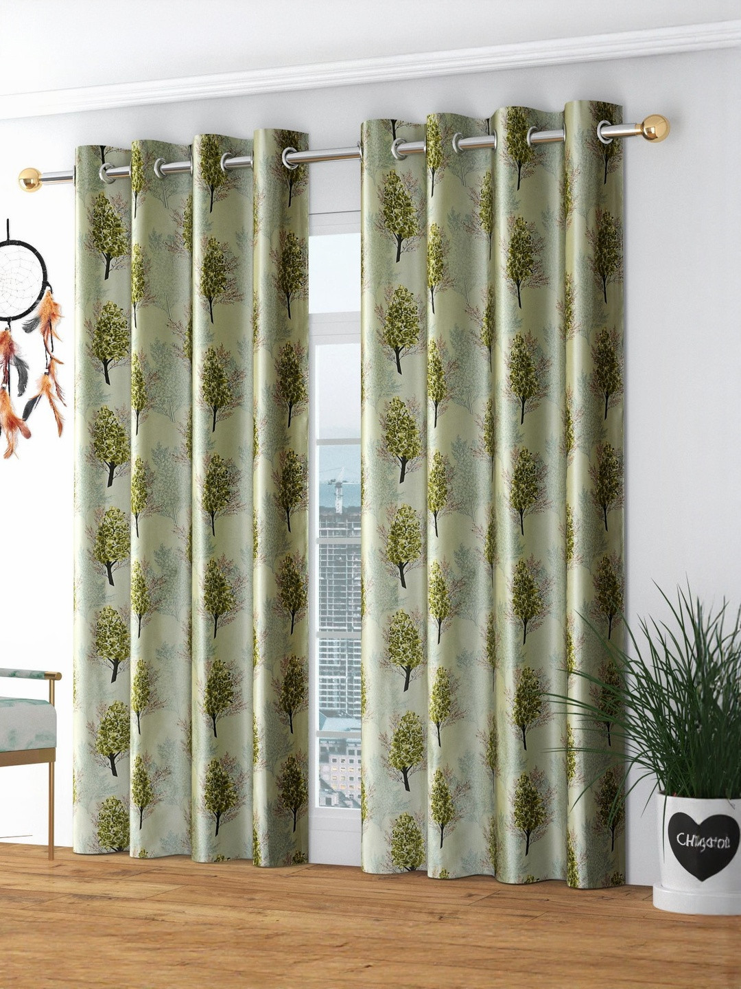 GEET CREATIONS Softy-Angur Green & Off White 2 Pieces Printed Room Darkening Door Curtains