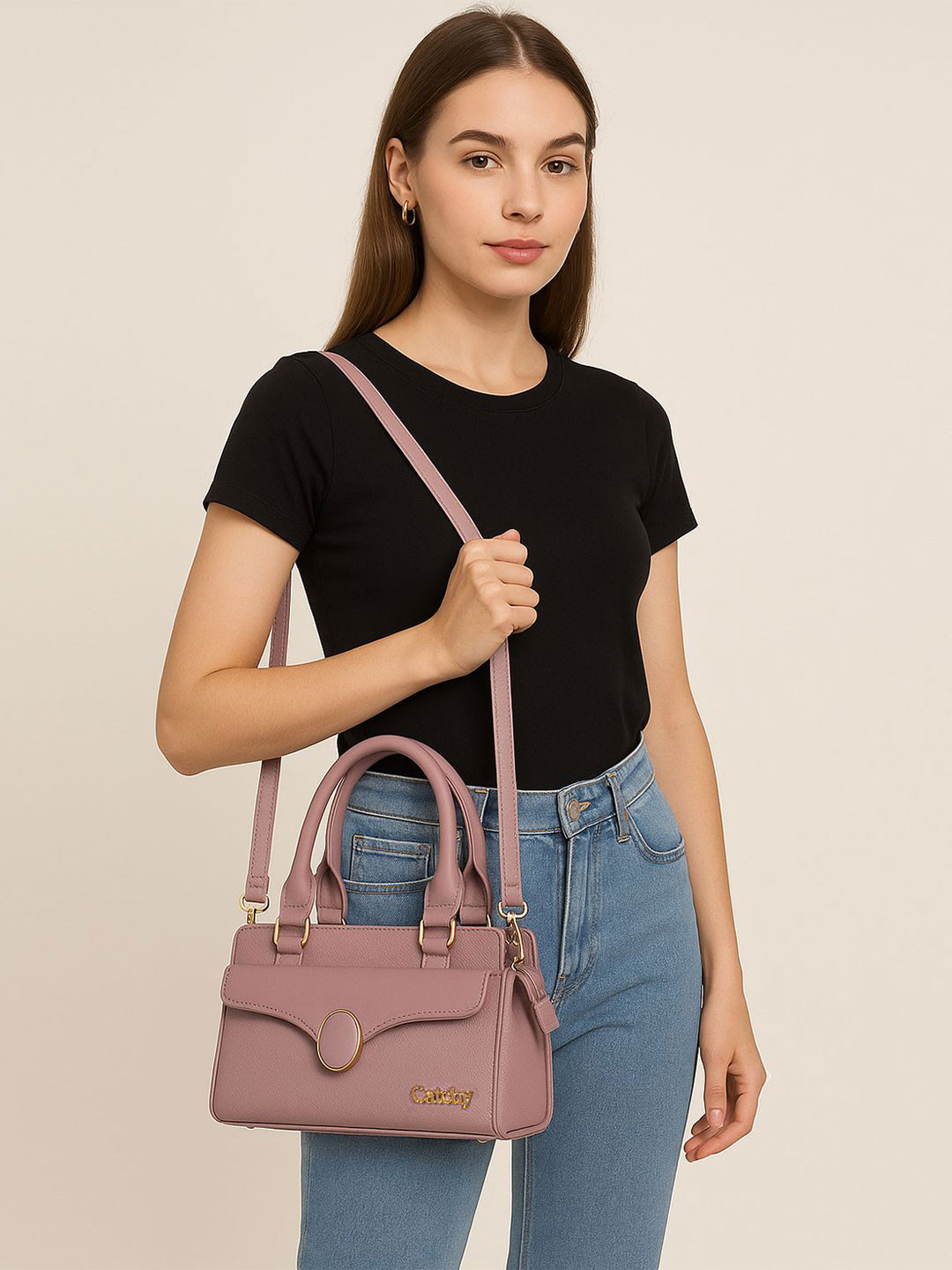 CATCHY Women Structured Two Handles Satchel Detail Sling Bag with Buckle Detail