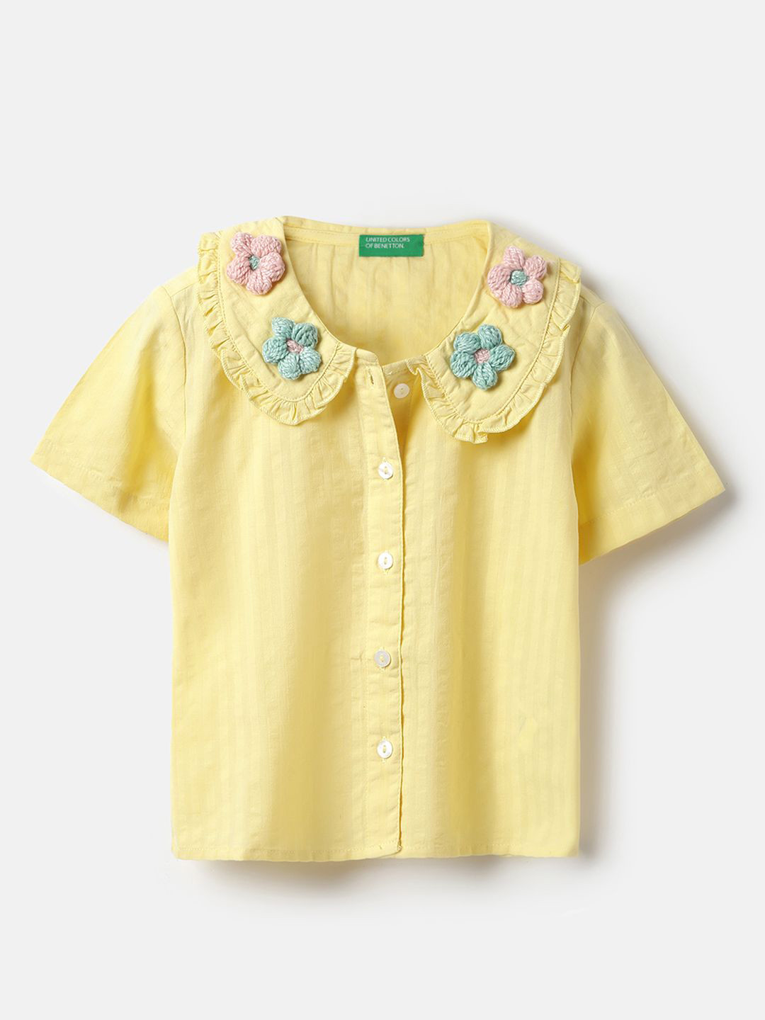 United Colors of Benetton Girls Textured Peter Pan Collar Cotton Casual Shirt