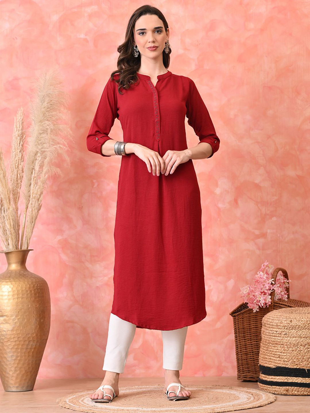 Nioni Women Open Mandarin Neck Kurta with Fold Cuff & Double Button Sleeves