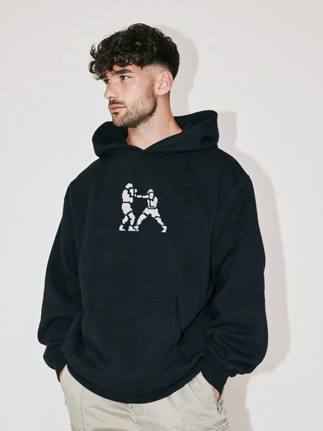 Stitchmeashirt Men Fight Print Hooded Fleece Casual Oversized Sweatshirt