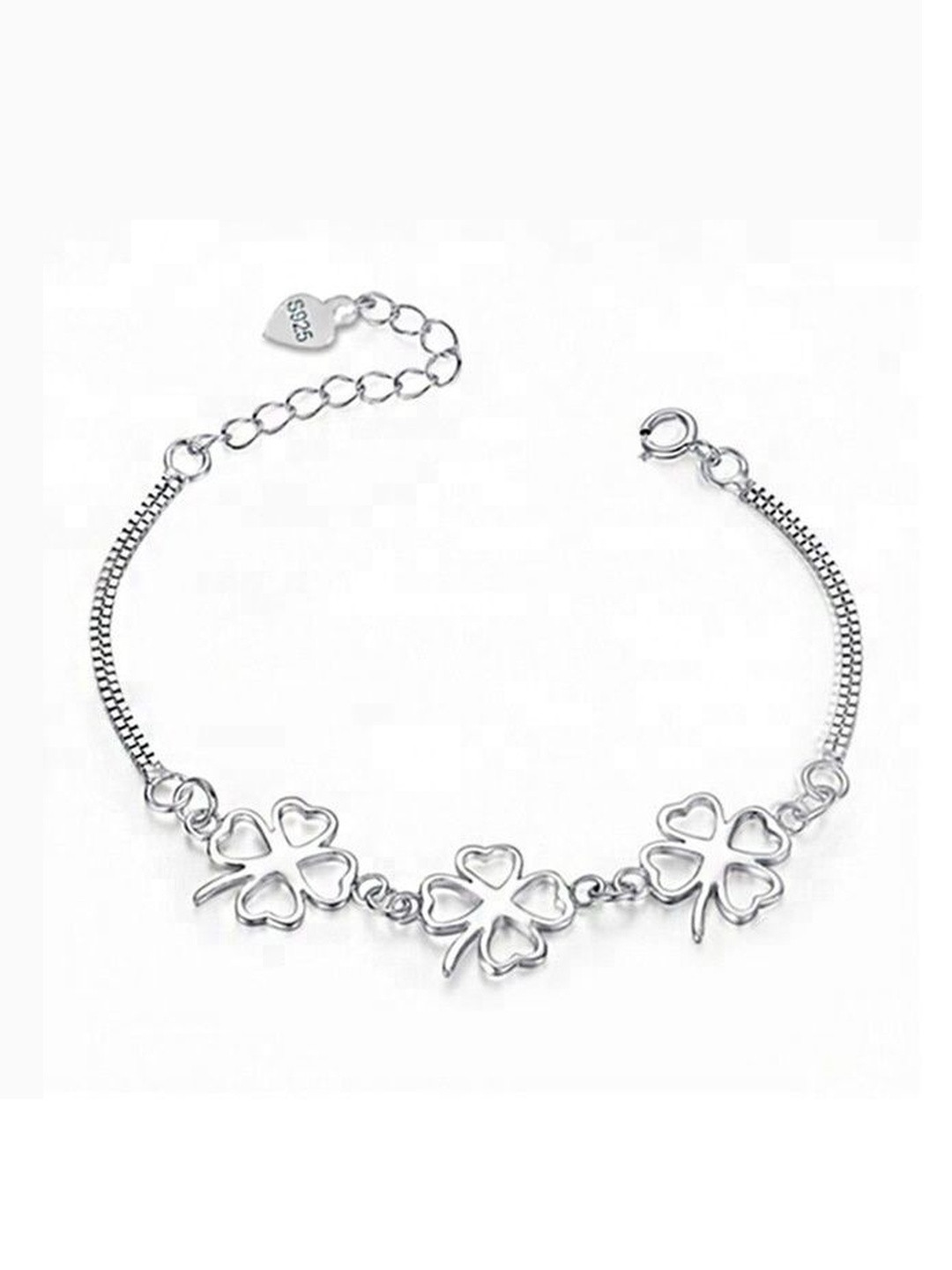 MYSTICFLAVIA Rhodium-Plated Clover Adjustable Silver Bracelet