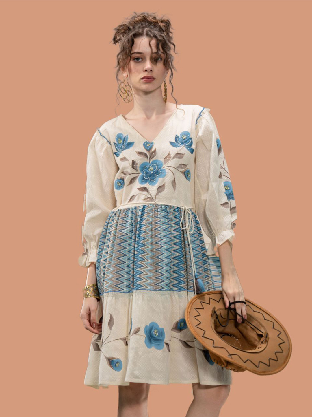 Kaftanize Women Blue Hand Painted Tiered Ruffle Lace Beaded Cotton Dress