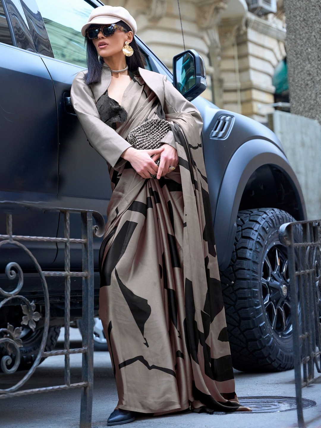 Anouk Rustic Satin Designer Block Print Saree