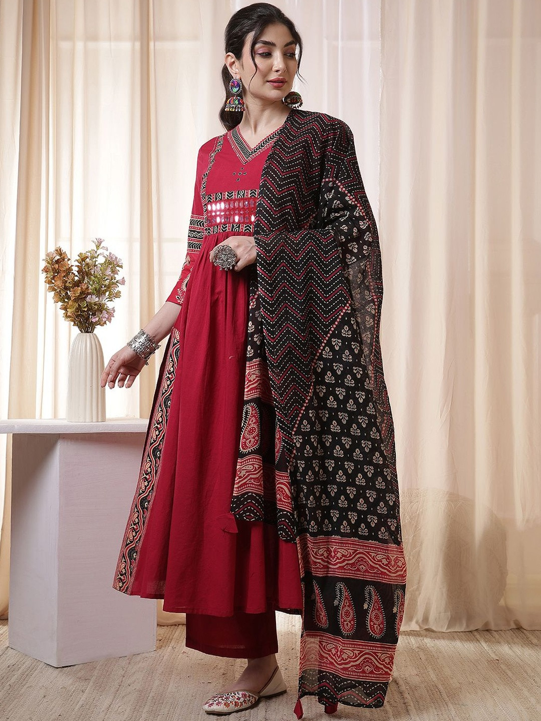KIMAYRA Ethnic Motifs Printed V-Neck Mirror Work A-Line Kurta With Palazzos & Dupatta