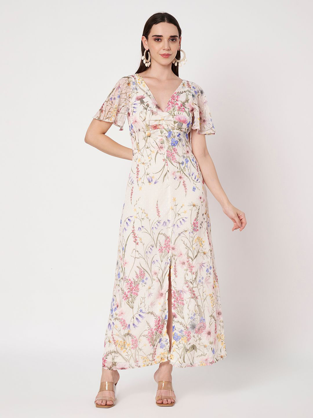 Amagyaa Women Floral Printed Flutter Sleeve Front Slit Georgette A-Line Maxi Dress