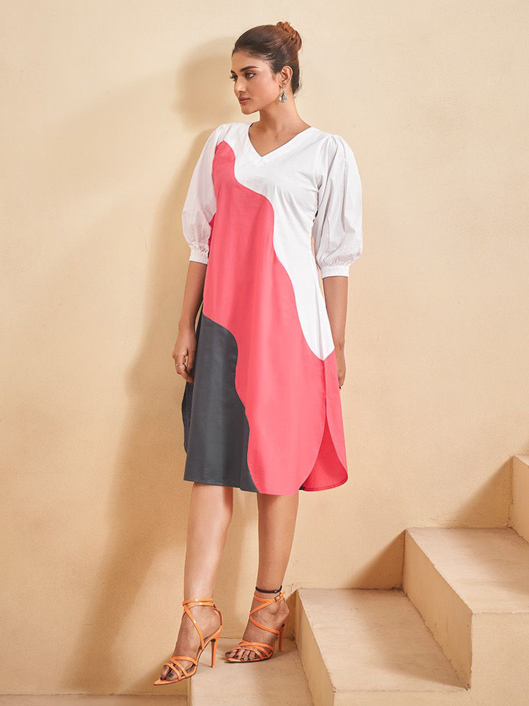 Kaftanize Puff Sleeve Colorblocked A-Line Midi Dress