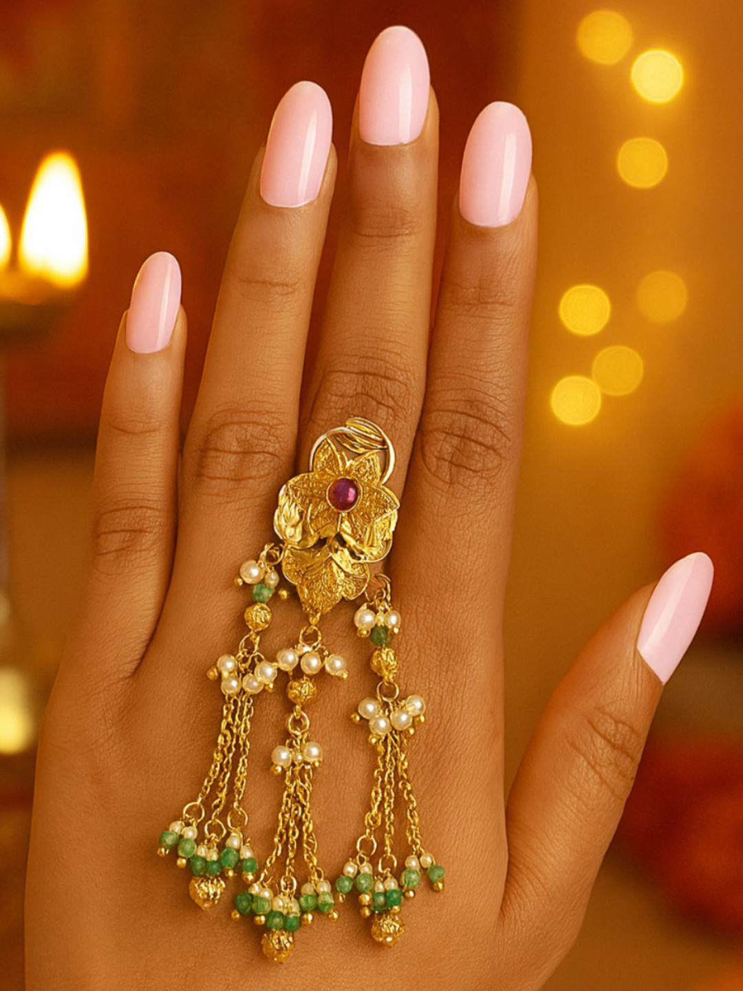 I Jewels Gold-Plated Stone-Studded & Pearls Beaded Adjustable Dangle Finger Ring