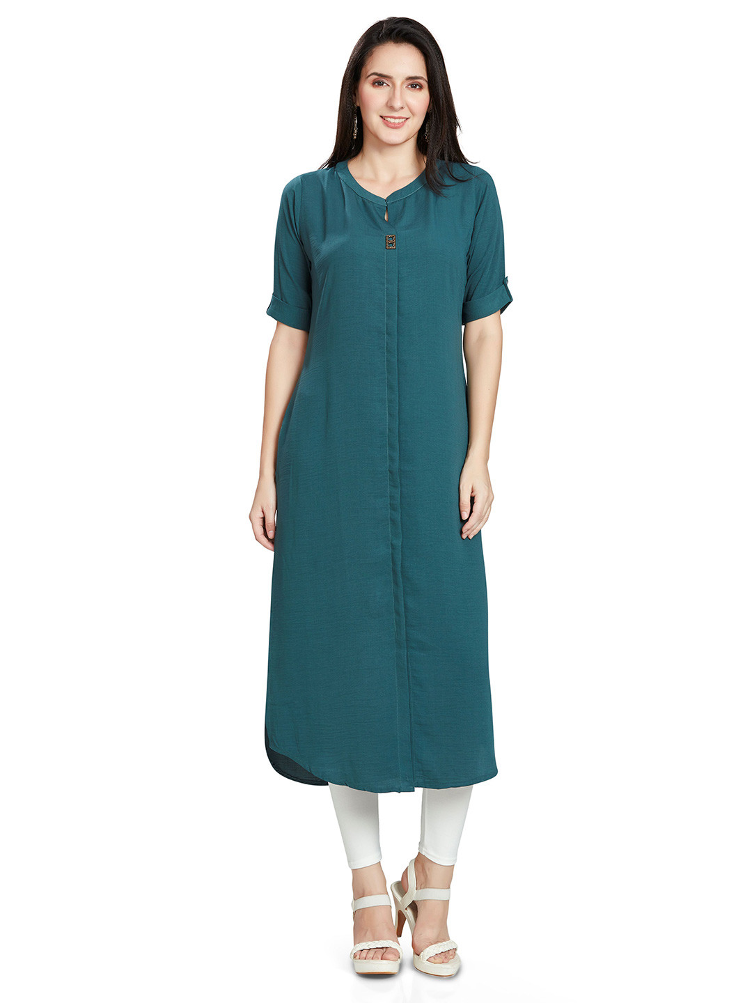 Nioni Women Green Blended  Mandarin Collar Solid with Elbow-Length Cuff Sleeves Kurti
