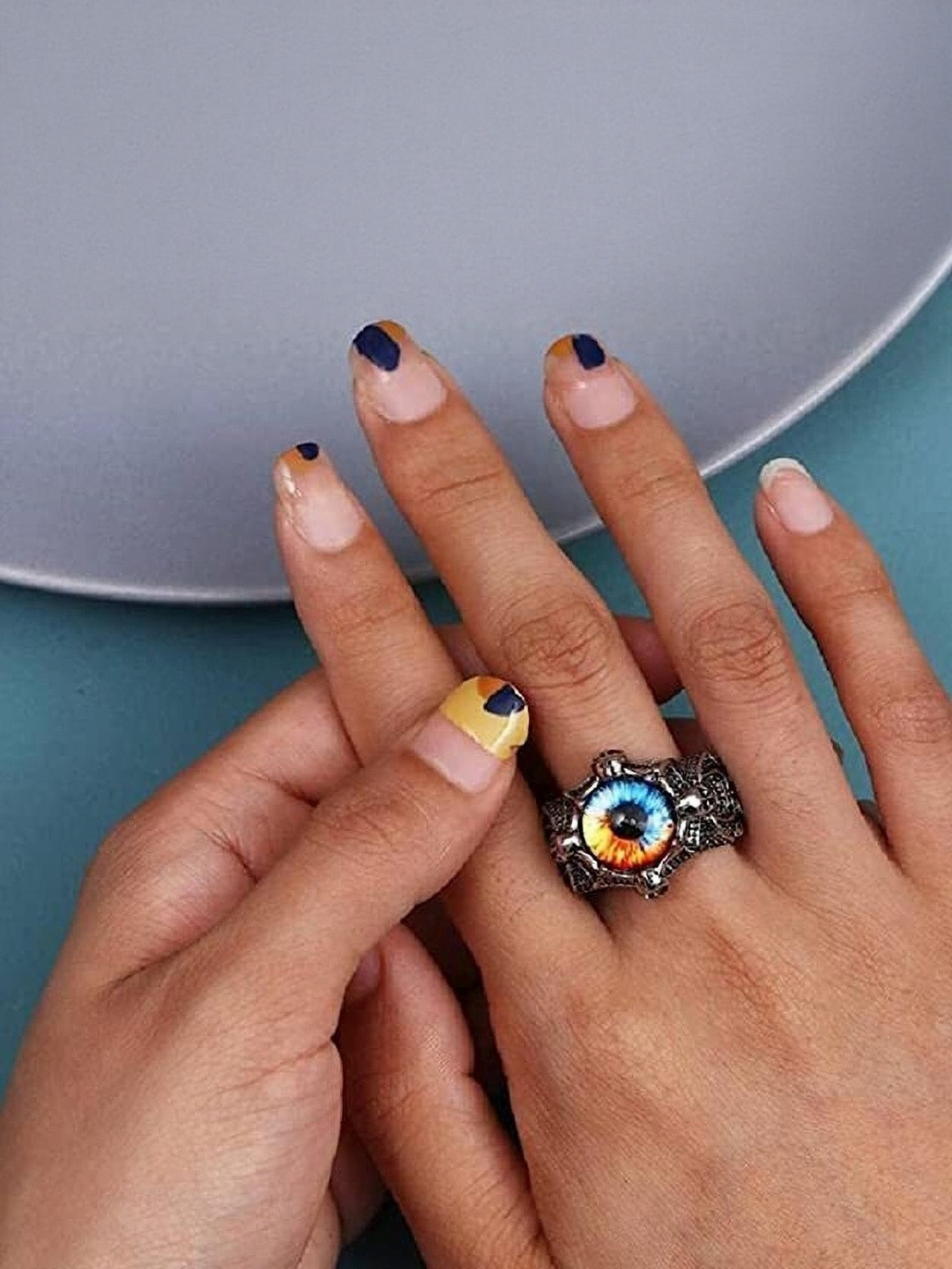 Teeragaj Unisex Stainless Steel Eye Stone-Studded Adjustable Finger Ring